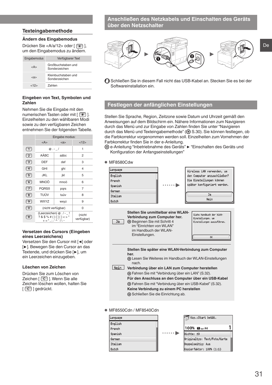 Anschließen des netzkabels und einschalten, Des geräts über den netzschalter, Festlegen der anfänglichen einstellungen | Texteingabemethode | Canon i-SENSYS MF8580Cdw User Manual | Page 31 / 292