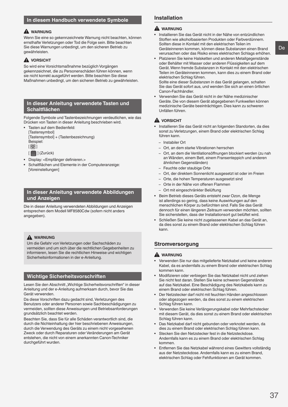 Installation, Stromversorgung, De in diesem handbuch verwendete symbole | Wichtige sicherheitsvorschriften | Canon i-SENSYS MF8580Cdw User Manual | Page 37 / 292