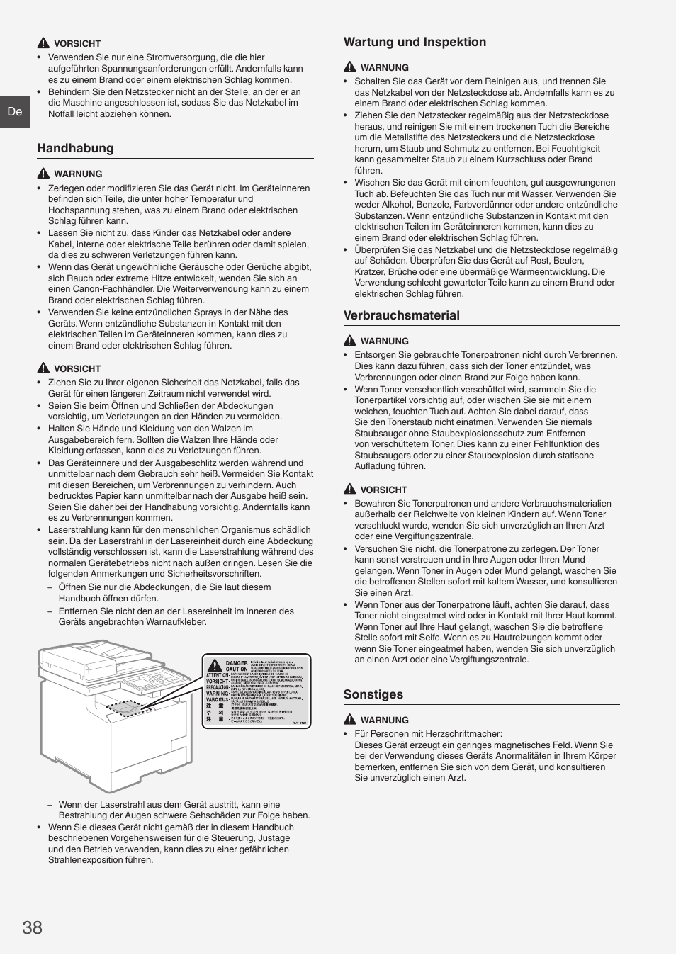 Handhabung, Wartung und inspektion, Verbrauchsmaterial | Sonstiges | Canon i-SENSYS MF8580Cdw User Manual | Page 38 / 292