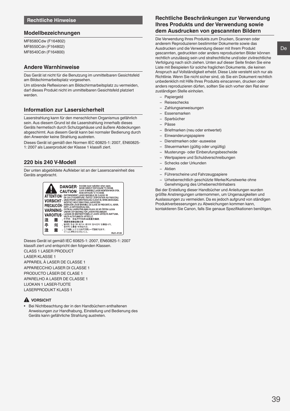 Modellbezeichnungen, Andere warnhinweise, Information zur lasersicherheit | Canon i-SENSYS MF8580Cdw User Manual | Page 39 / 292