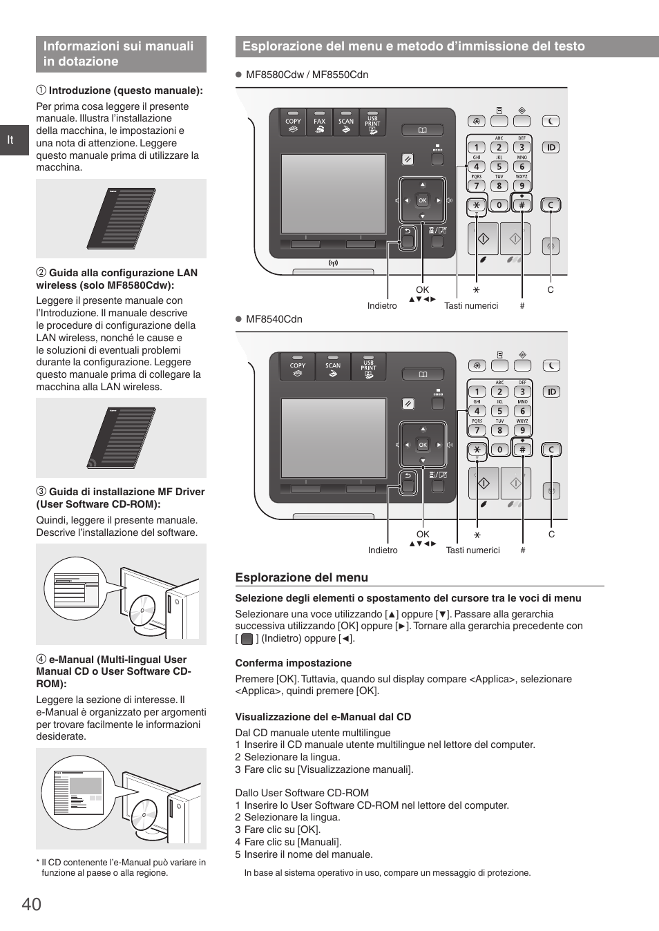 Informazioni sui manuali in dotazione, Esplorazione del menu e metodo, D’immissione del testo | Canon i-SENSYS MF8580Cdw User Manual | Page 40 / 292