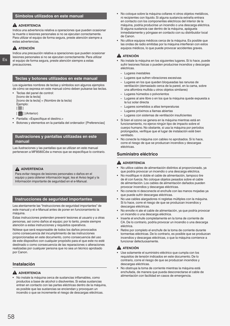 Instalación, Suministro eléctrico, Es símbolos utilizados en este manual | Teclas y botones utilizados en este manual, Instrucciones de seguridad importantes | Canon i-SENSYS MF8580Cdw User Manual | Page 58 / 292