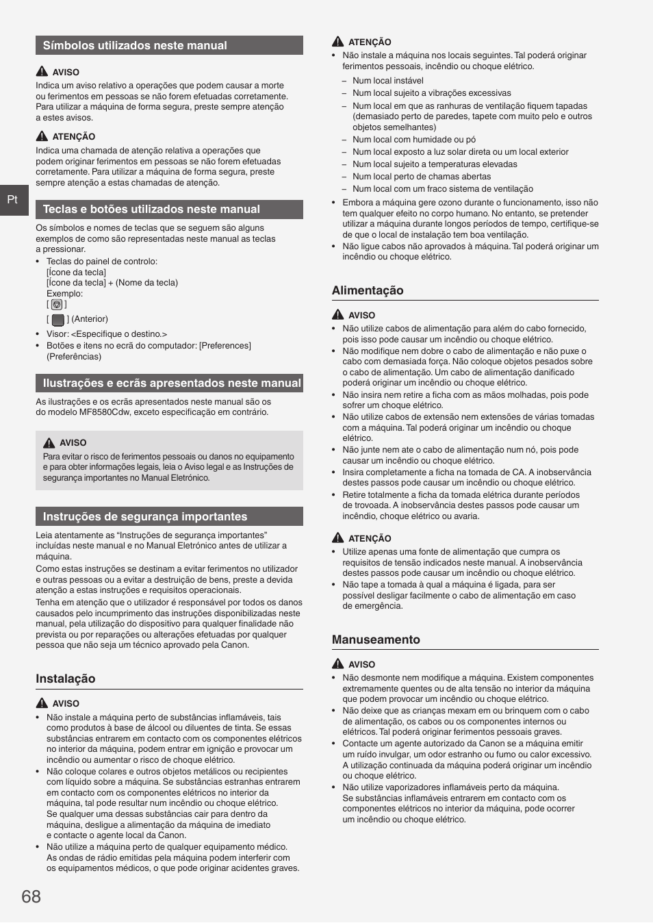 Instalação, Alimentação, Manuseamento | Pt símbolos utilizados neste manual, Teclas e botões utilizados neste manual, Ilustrações e ecrãs apresentados neste manual, Instruções de segurança importantes | Canon i-SENSYS MF8580Cdw User Manual | Page 68 / 292