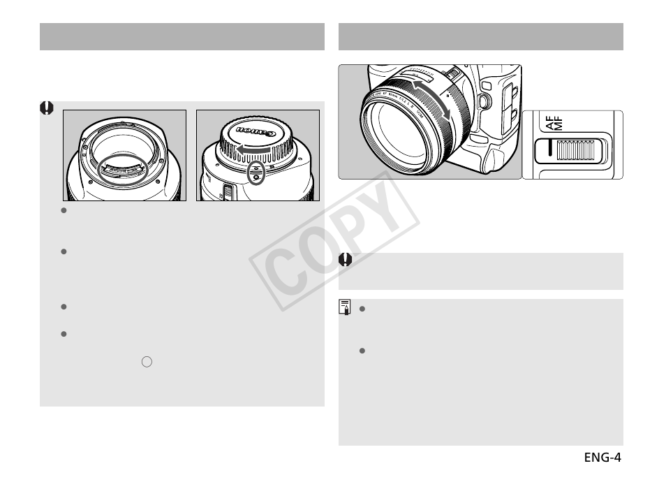 Cop y, Setting the focus mode, Mounting and detaching the lens | Canon EF 85mm f1.2L II USM User Manual | Page 5 / 11