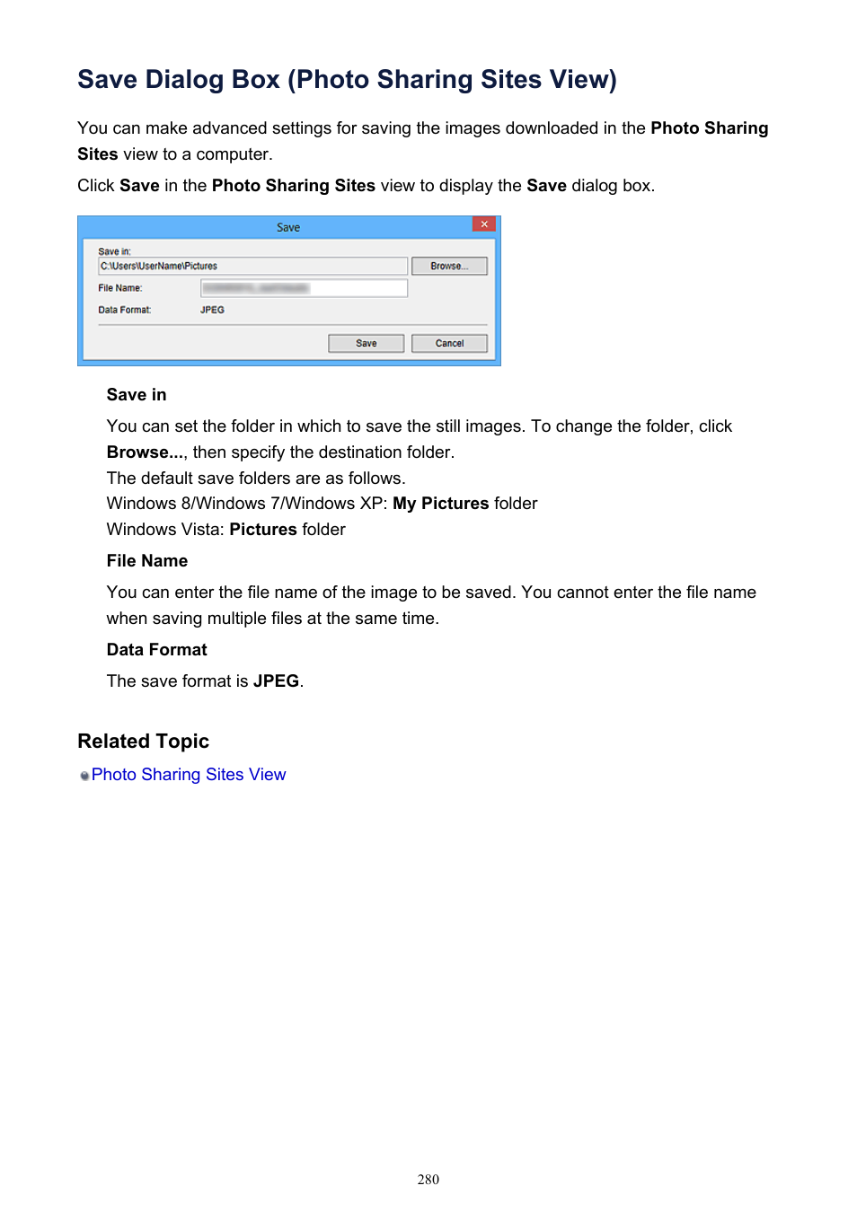 Save dialog box (photo sharing sites view) | Canon PIXMA IP2700 User Manual | Page 280 / 339