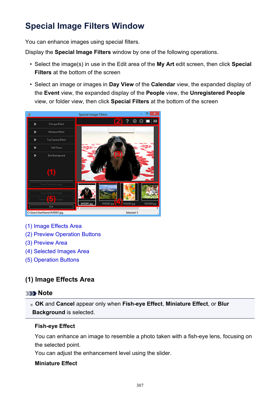 Special image filters window, In which you can enhance images with, Displays the | Canon PIXMA IP2700 User Manual | Page 307 / 339
