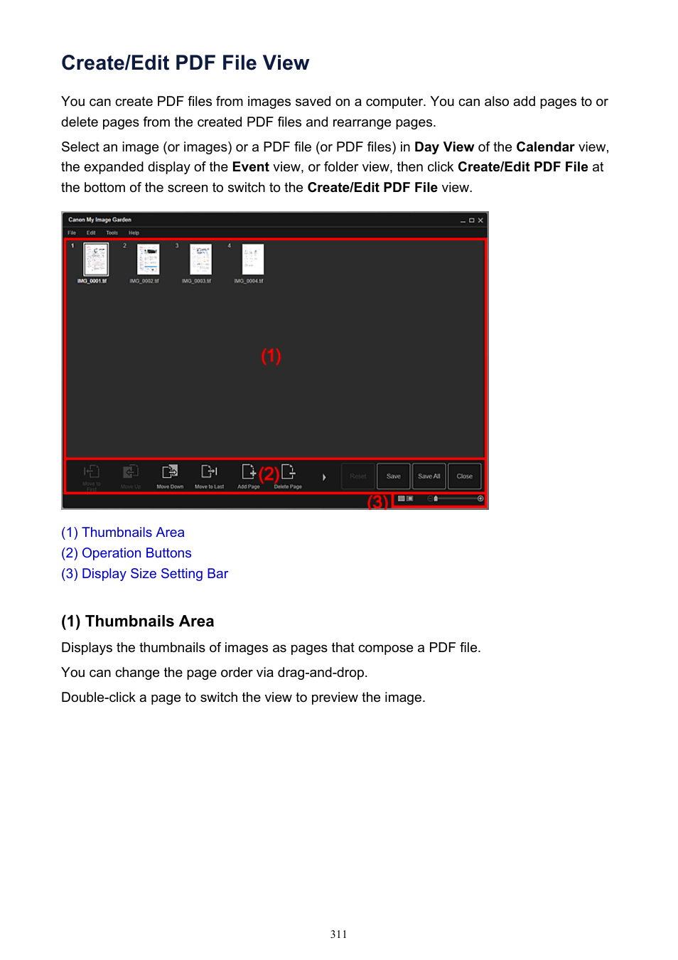 Create/edit pdf file view, Displays the, For the details view of pdf files | In which you can create | Canon PIXMA IP2700 User Manual | Page 311 / 339
