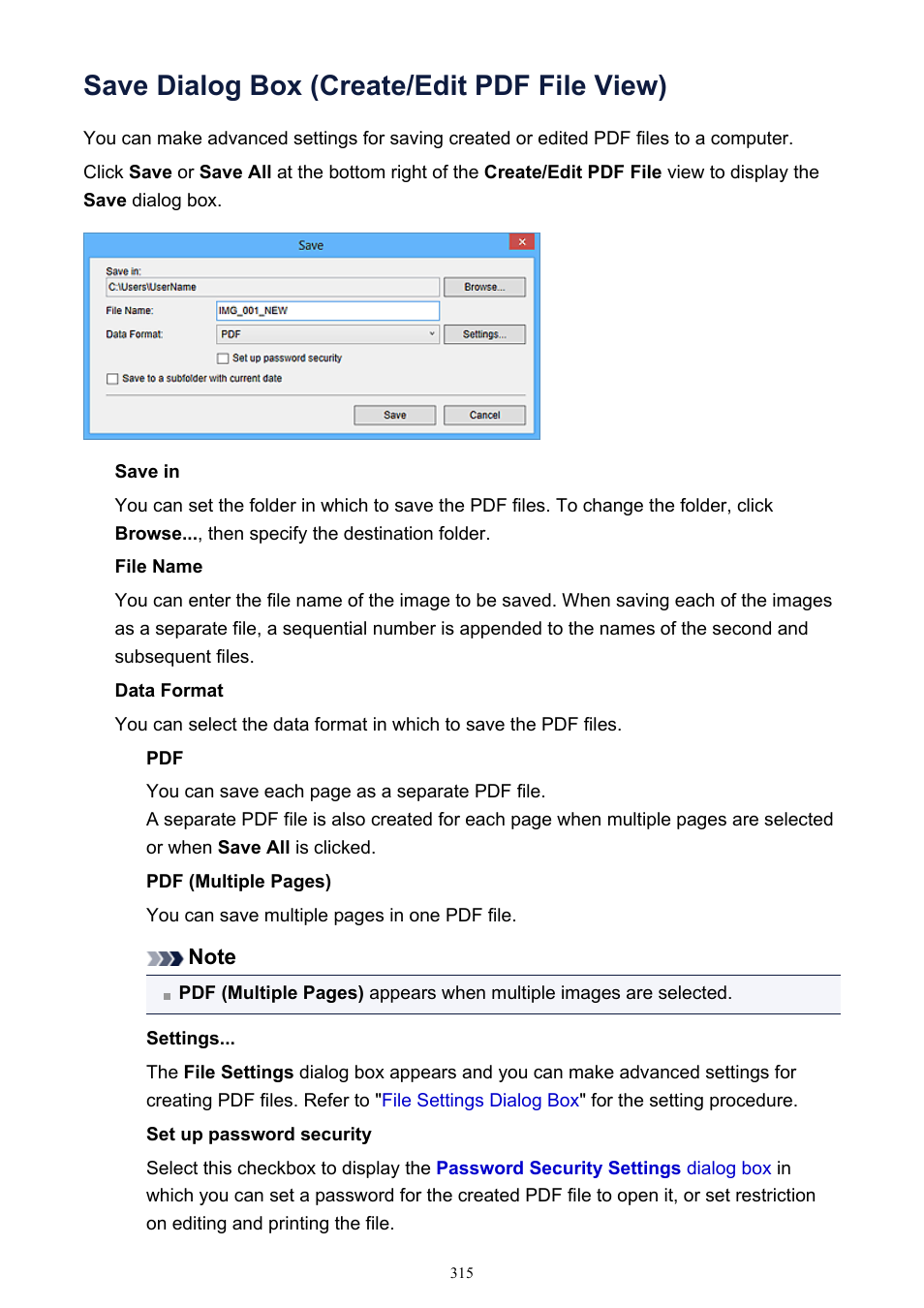 Save dialog box (create/edit pdf file view), Save dialog box | Canon PIXMA IP2700 User Manual | Page 315 / 339