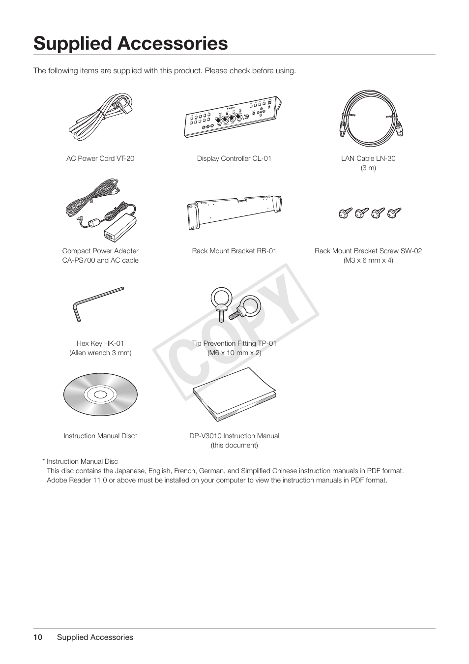 Supplied accessories, Cop y | Canon DP-V3010 User Manual | Page 10 / 82