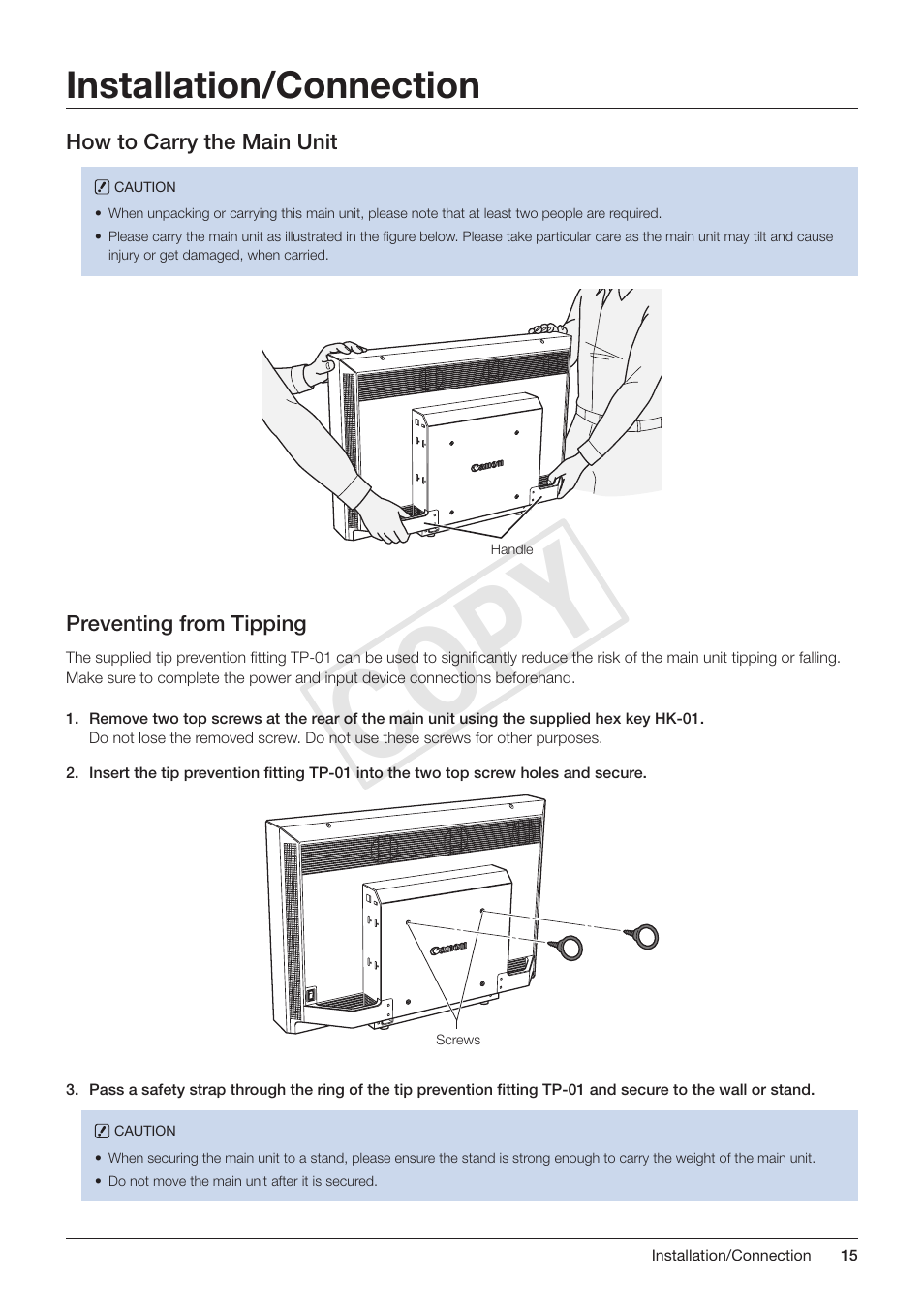 Installation/connection, How to carry the main unit, Preventing from tipping | How to carry the main unit preventing from tipping, Cop y | Canon DP-V3010 User Manual | Page 15 / 82