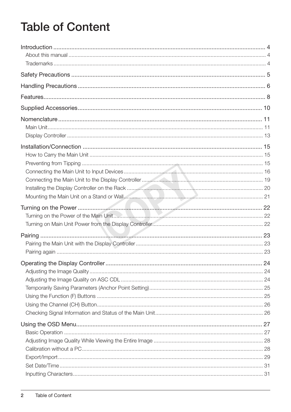 C op y, Table of content | Canon DP-V3010 User Manual | Page 2 / 82