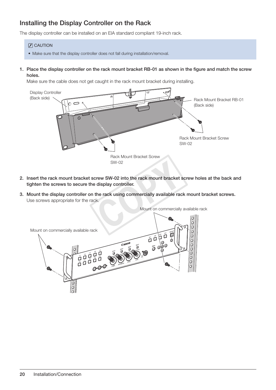 Installing the display controller on the rack, Cop y | Canon DP-V3010 User Manual | Page 20 / 82