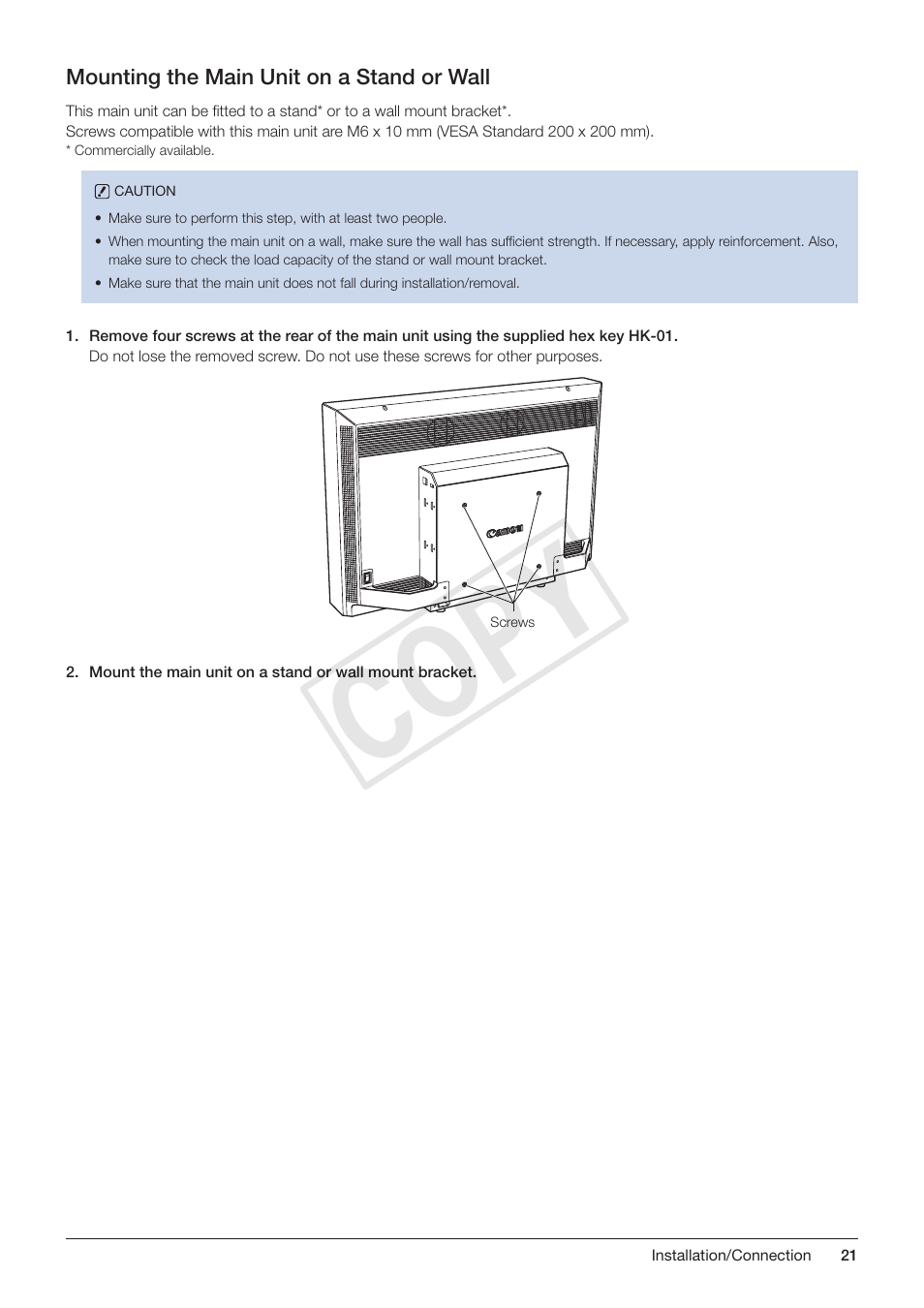 Mounting the main unit on a stand or wall, Cop y | Canon DP-V3010 User Manual | Page 21 / 82