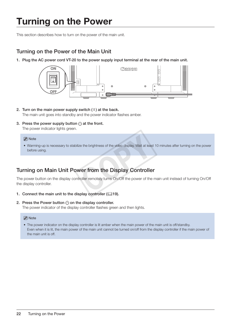 Turning on the power, Turning on the power of the main unit, Cop y | Canon DP-V3010 User Manual | Page 22 / 82