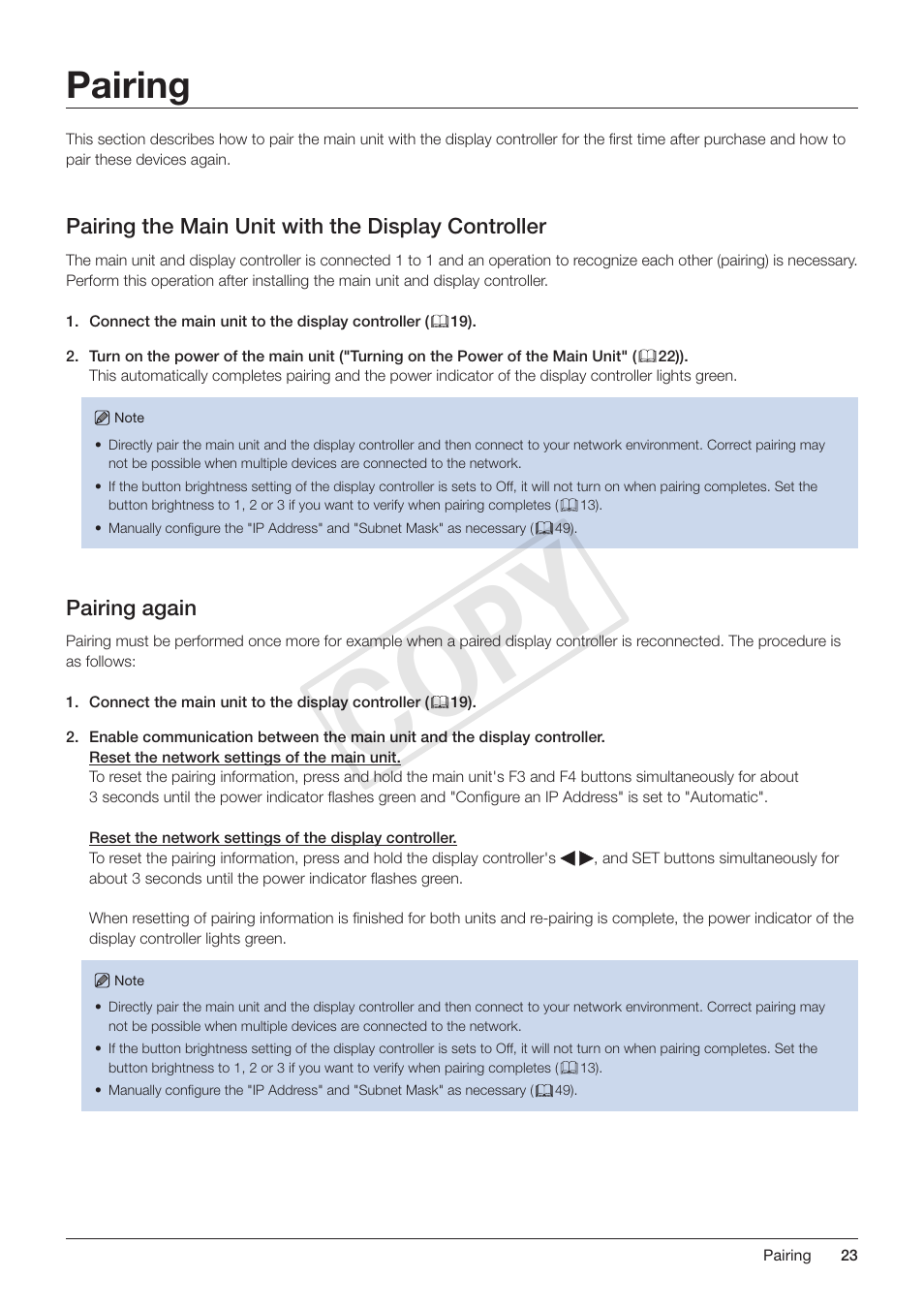Pairing, Pairing the main unit with the display controller, Pairing again | Cop y | Canon DP-V3010 User Manual | Page 23 / 82
