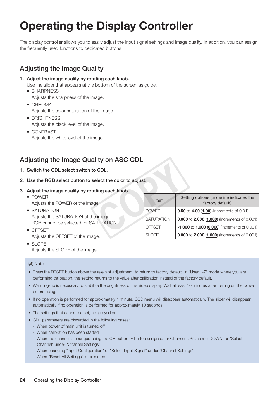 Operating the display controller, Adjusting the image quality, Adjusting the image quality on asc cdl | Cop y | Canon DP-V3010 User Manual | Page 24 / 82