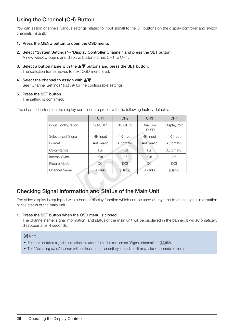 Using the channel (ch) button, Cop y | Canon DP-V3010 User Manual | Page 26 / 82