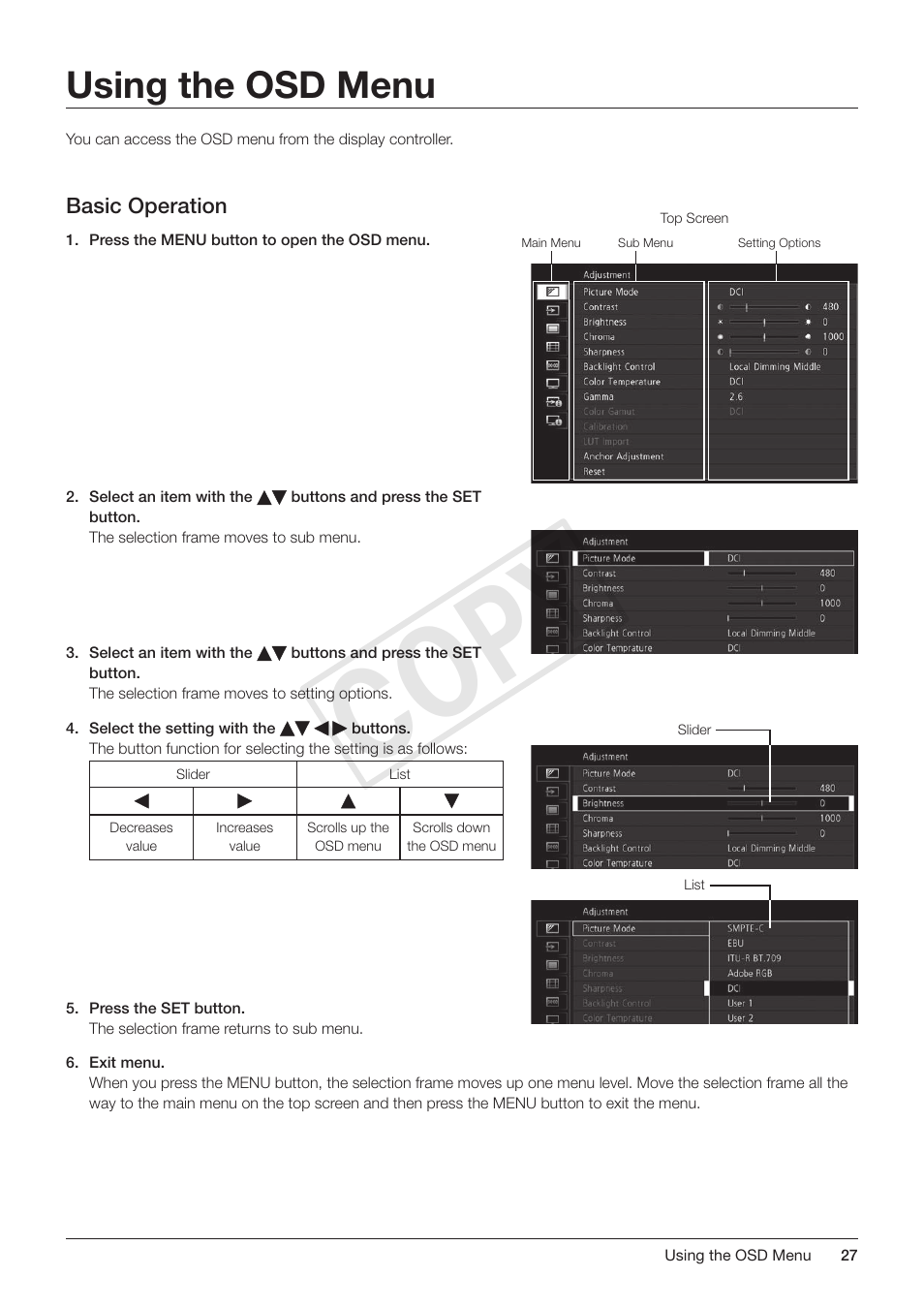 Using the osd menu, Basic operation, Cop y | Canon DP-V3010 User Manual | Page 27 / 82