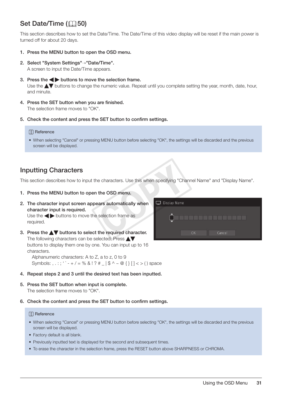 Set date/time (￼50), Inputting characters, Set date/time inputting characters | Cop y | Canon DP-V3010 User Manual | Page 31 / 82