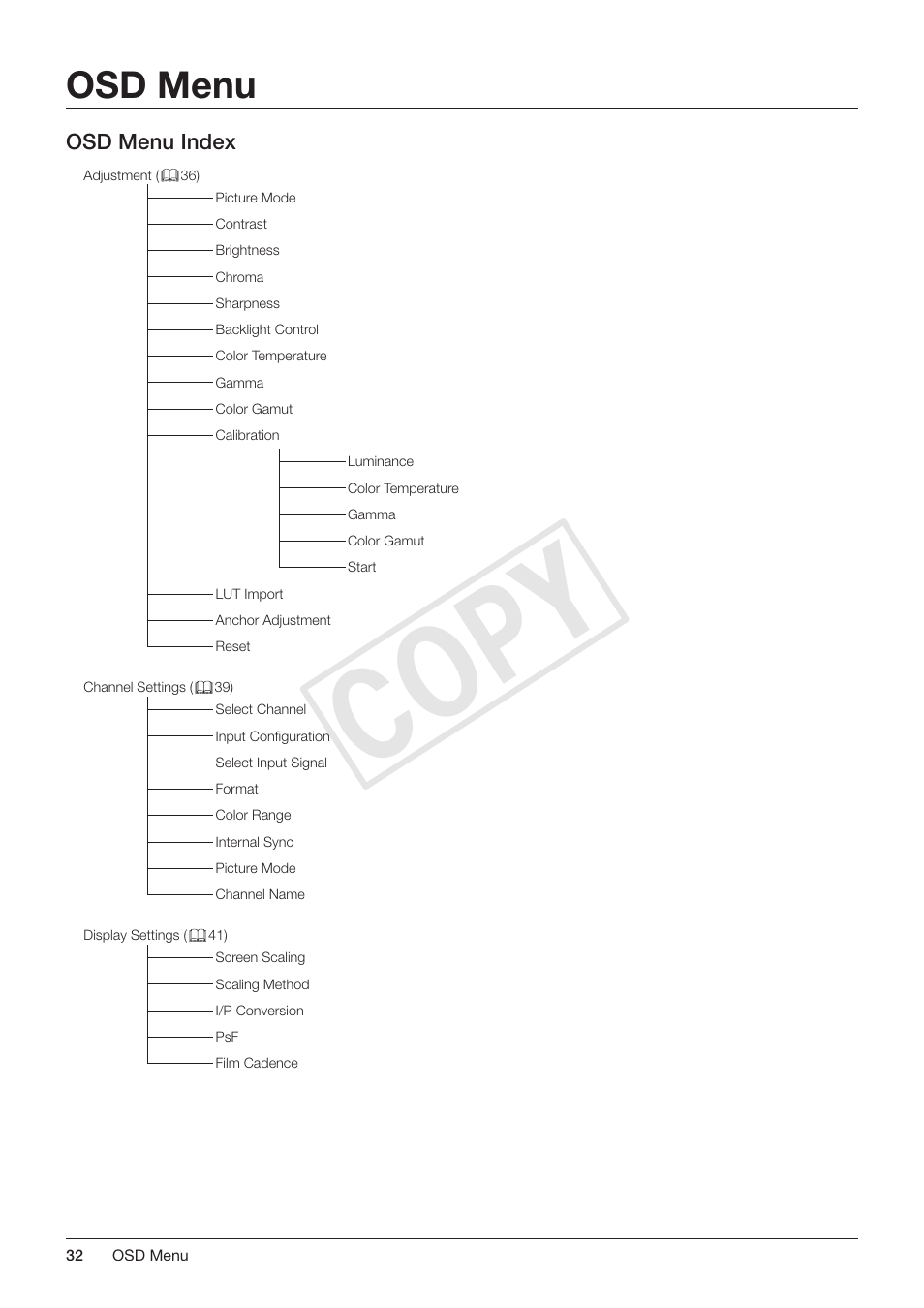 Osd menu, Osd menu index, Cop y | Canon DP-V3010 User Manual | Page 32 / 82