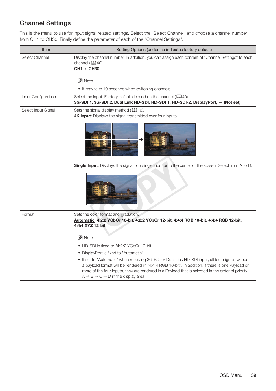 Channel settings, Cop y | Canon DP-V3010 User Manual | Page 39 / 82