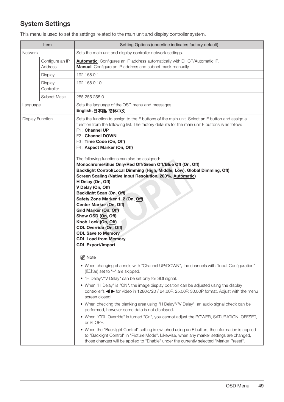 System settings, Cop y | Canon DP-V3010 User Manual | Page 49 / 82