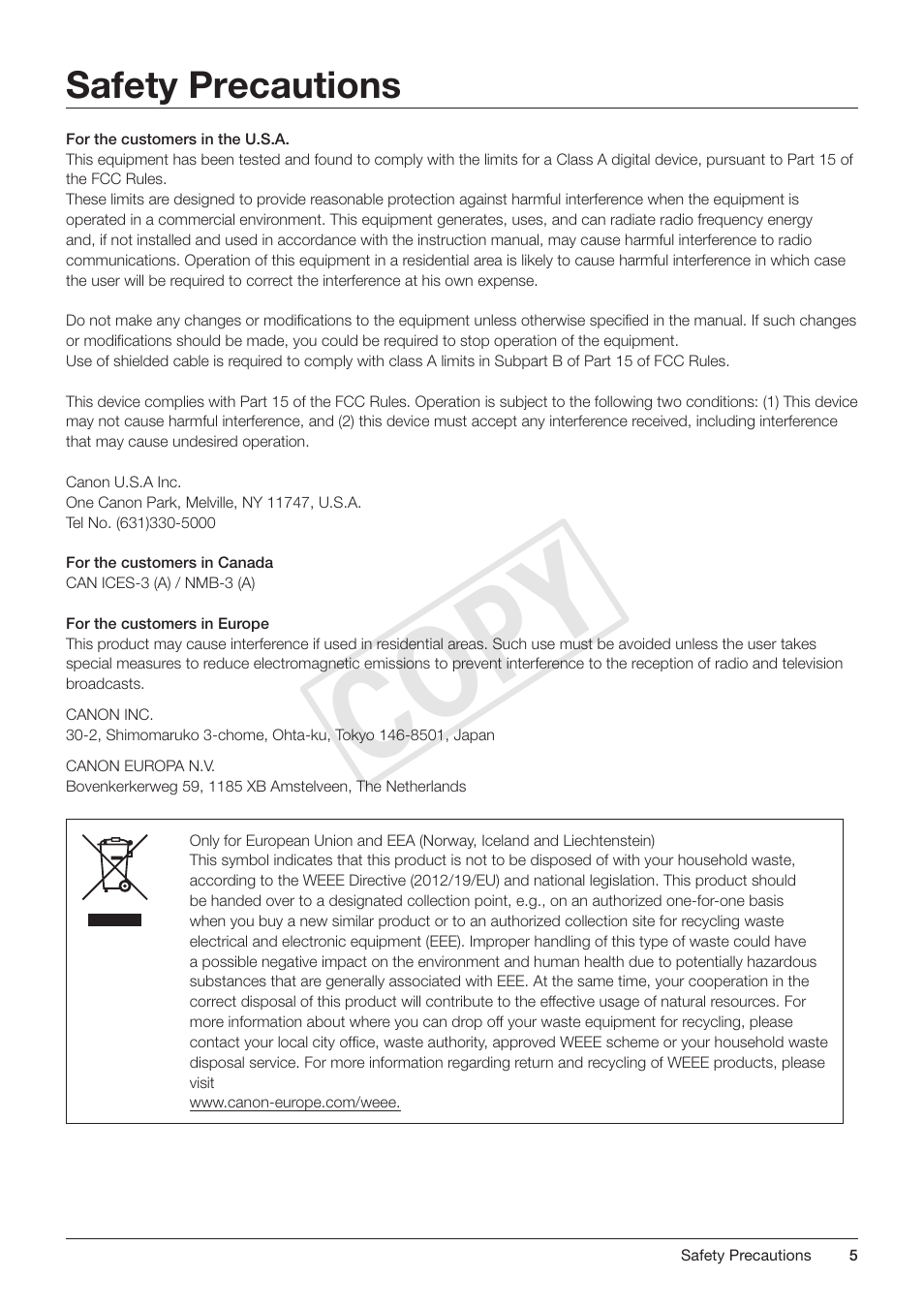 Safety precautions, Cop y | Canon DP-V3010 User Manual | Page 5 / 82