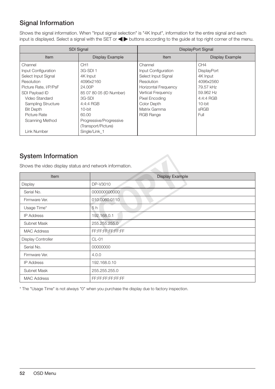 Signal information, System information, Signal information system information | Cop y | Canon DP-V3010 User Manual | Page 52 / 82