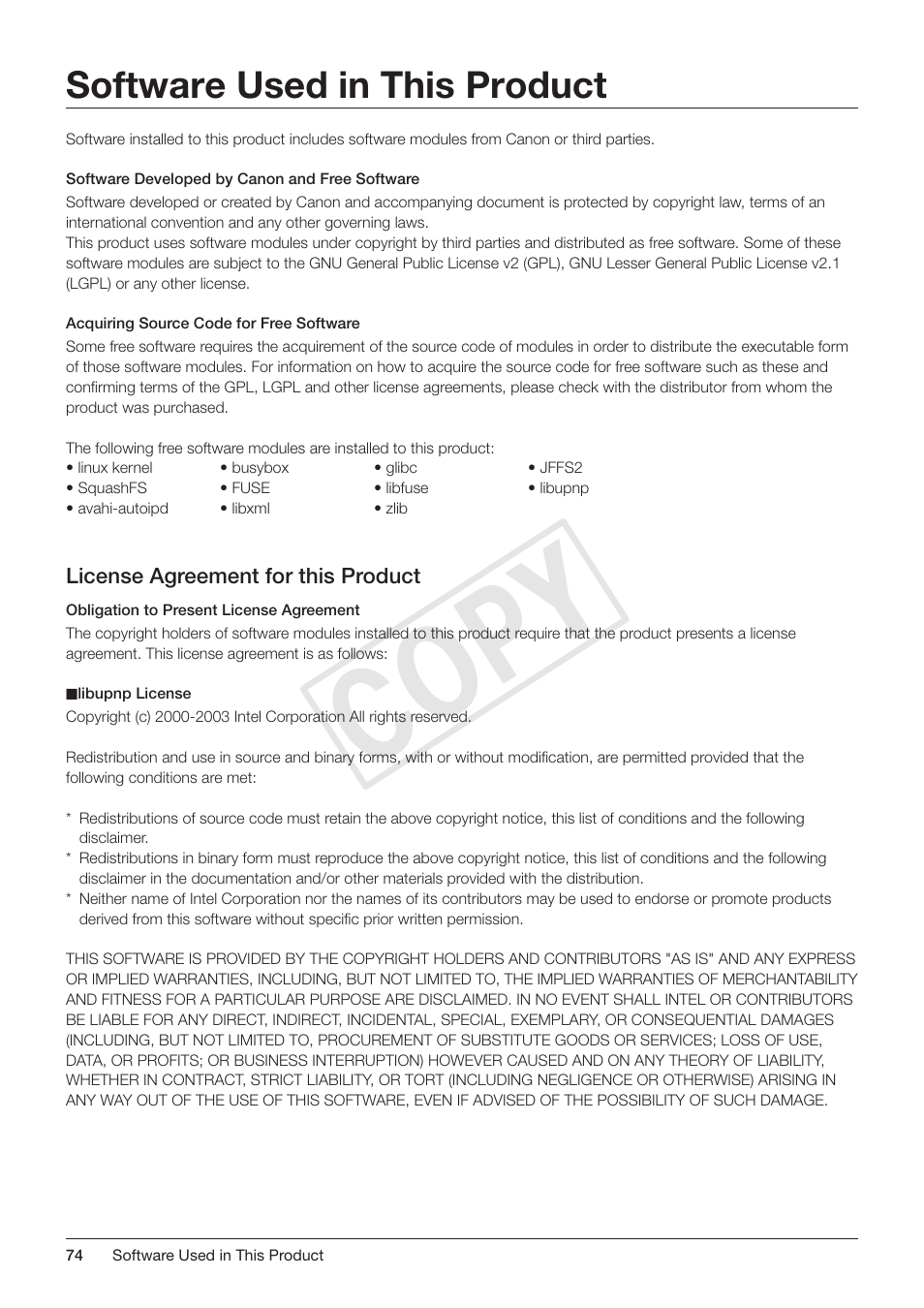 Software used in this product, Cop y | Canon DP-V3010 User Manual | Page 74 / 82