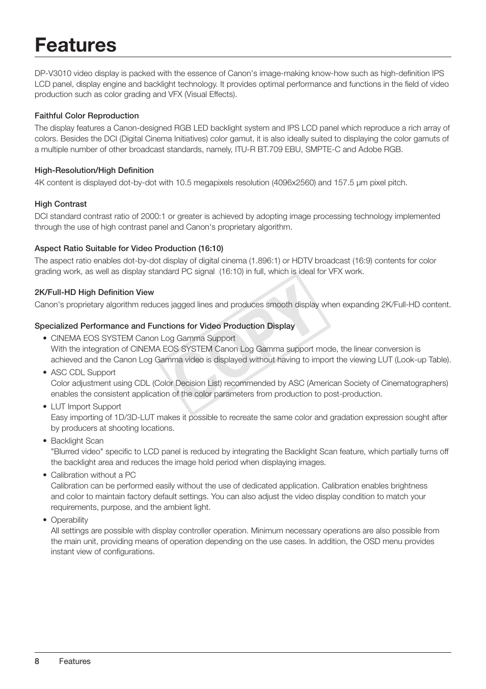 Features, Cop y | Canon DP-V3010 User Manual | Page 8 / 82