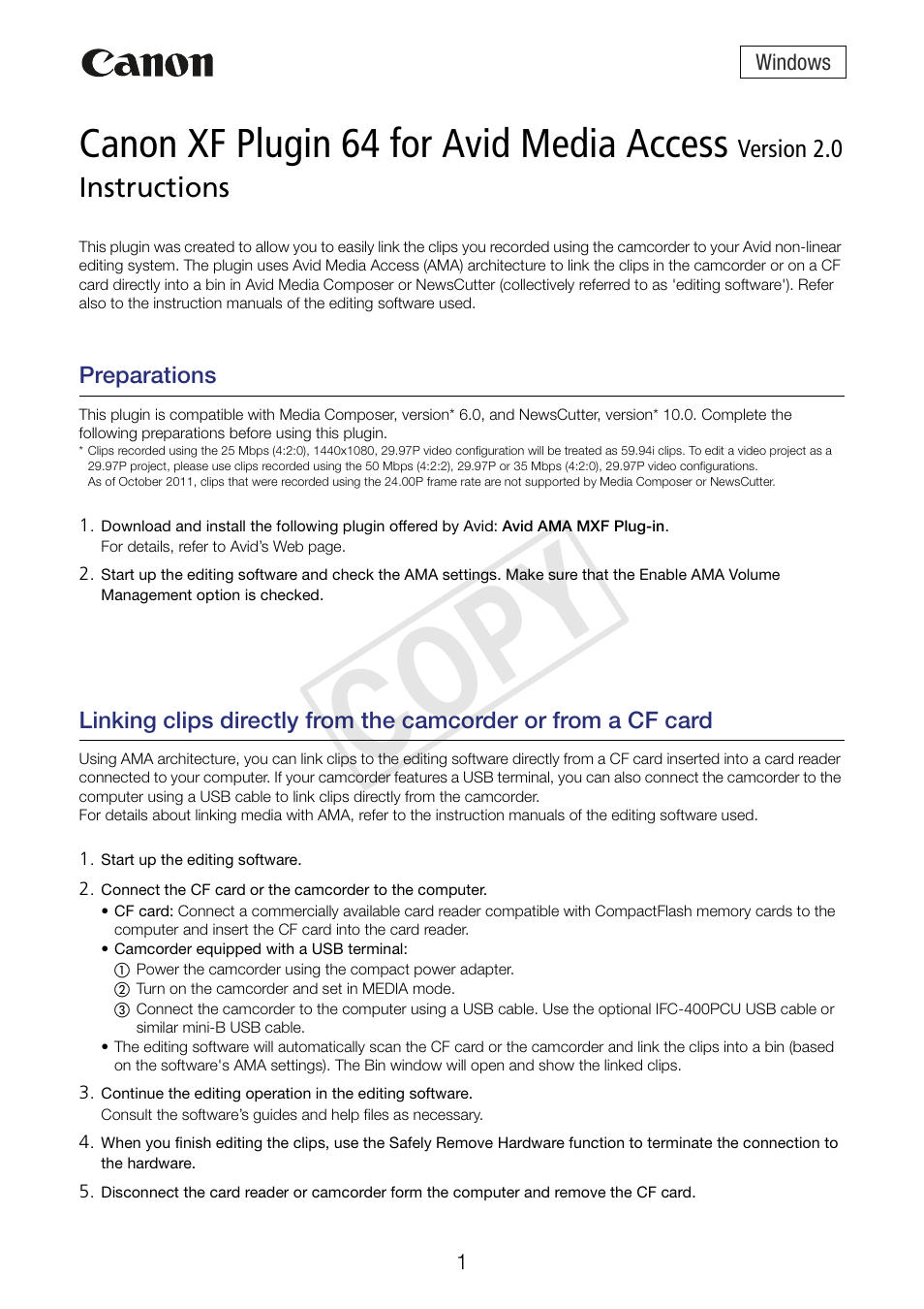 Canon XF305 User Manual | 2 pages