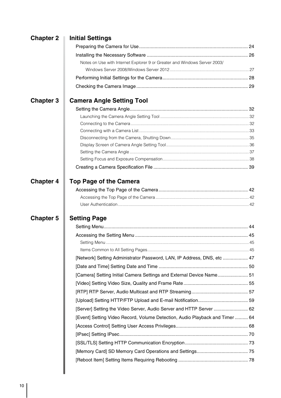 Chapter 2 initial settings, Chapter 3 camera angle setting tool, Chapter 4 top page of the camera | Chapter 5 setting page | Canon VB-H41 User Manual | Page 10 / 177