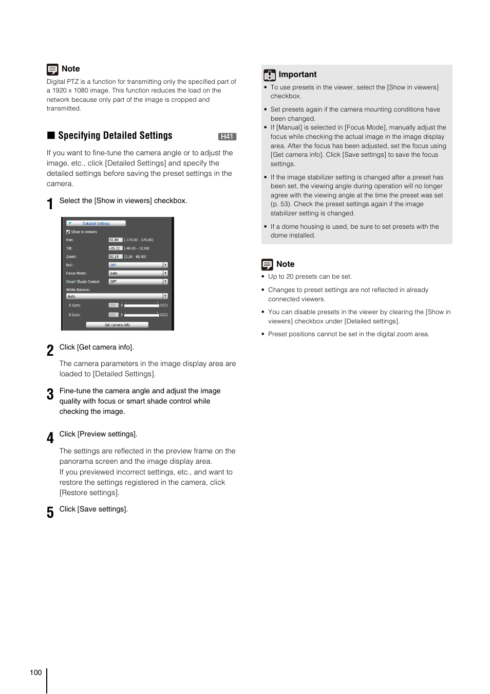 P. 100 f, Specifying detailed settings | Canon VB-H41 User Manual | Page 100 / 177