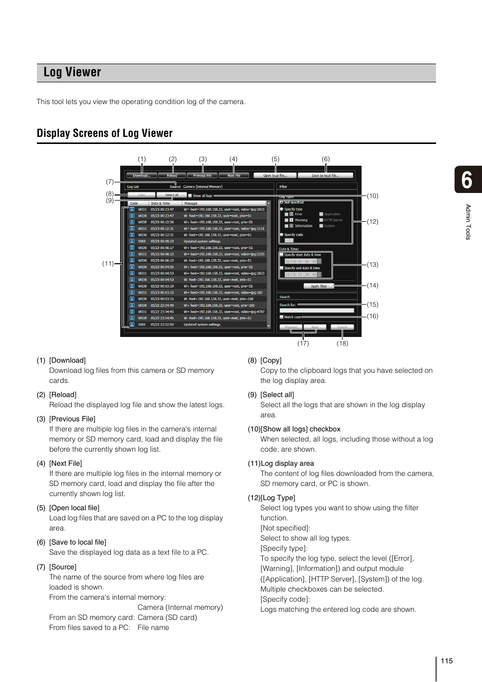 Log viewer, Display screens of log viewer, P. 115 | Canon VB-H41 User Manual | Page 115 / 177