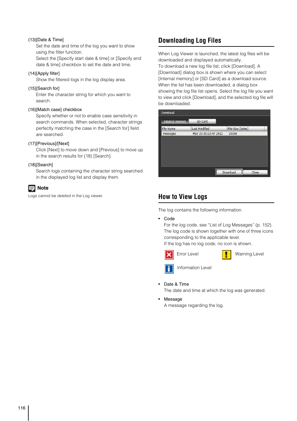 Downloading log files, How to view logs | Canon VB-H41 User Manual | Page 116 / 177