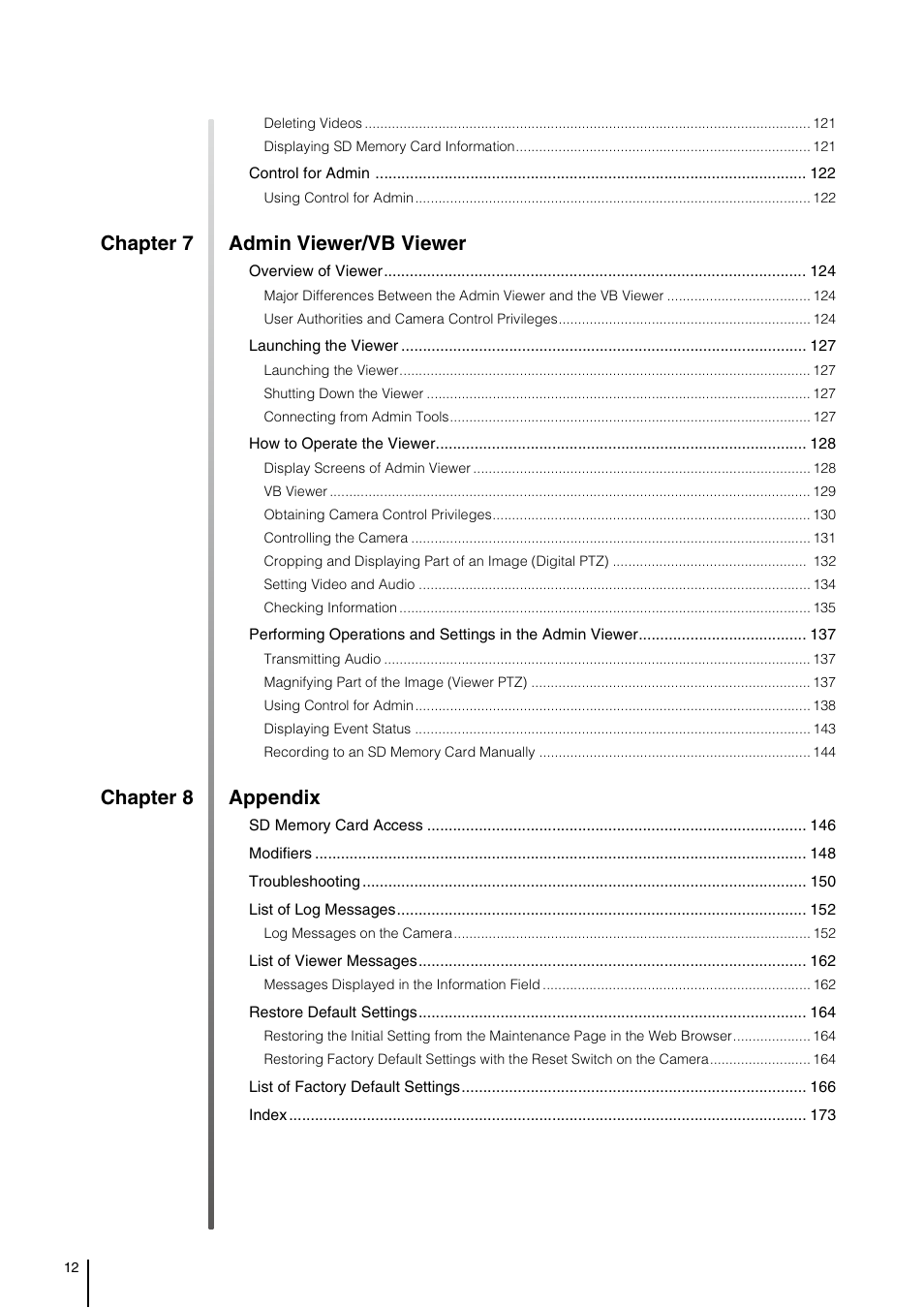 Chapter 7 admin viewer/vb viewer, Chapter 8 appendix | Canon VB-H41 User Manual | Page 12 / 177