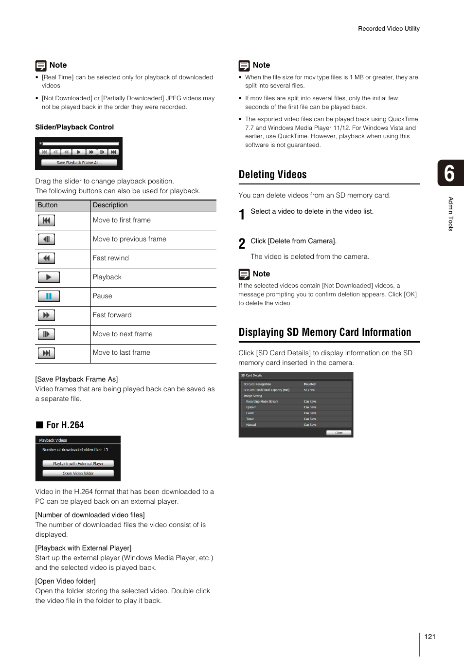 Deleting videos, Displaying sd memory card information, For h.264 | Canon VB-H41 User Manual | Page 121 / 177