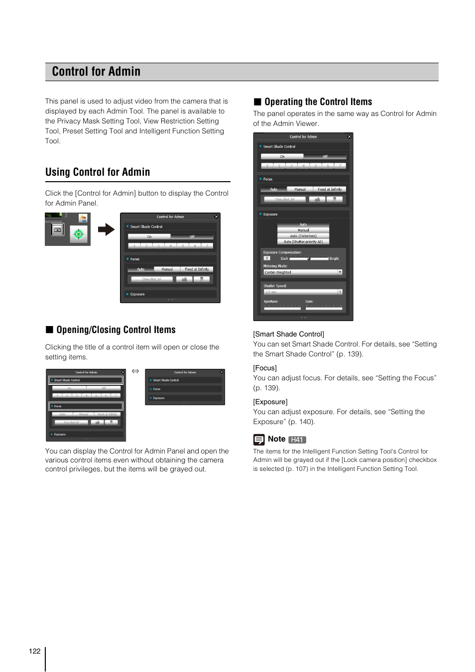 Control for admin, Using control for admin, P. 122) | Opening/closing control items, Operating the control items | Canon VB-H41 User Manual | Page 122 / 177