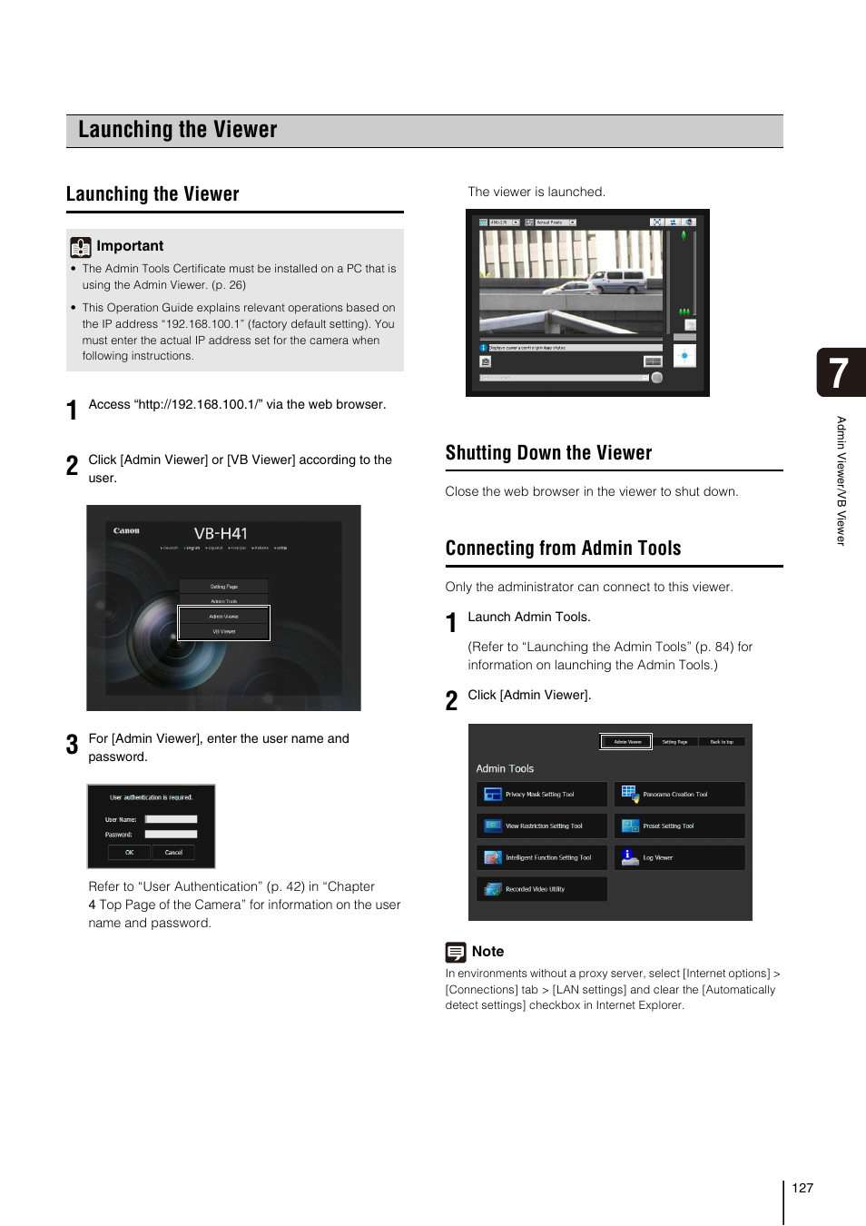 Launching the viewer, Shutting down the viewer, Connecting from admin tools | Canon VB-H41 User Manual | Page 127 / 177