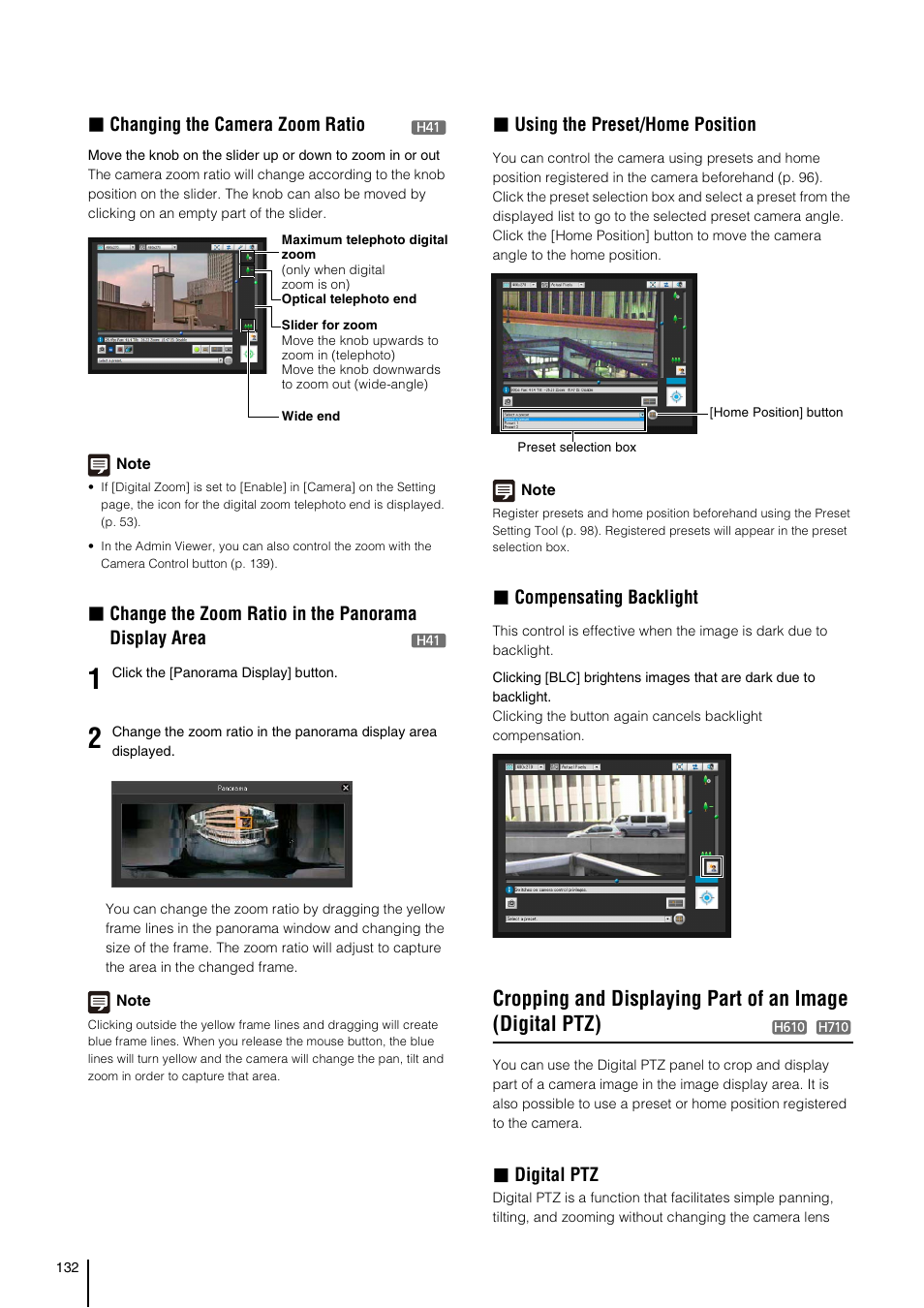 Changing the camera zoom ratio, Change the zoom ratio in the panorama display area, Using the preset/home position | Compensating backlight, Digital ptz | Canon VB-H41 User Manual | Page 132 / 177