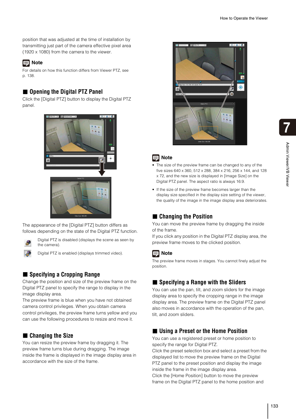 Opening the digital ptz panel, Specifying a cropping range, Changing the size | Changing the position, Specifying a range with the sliders, Using a preset or the home position | Canon VB-H41 User Manual | Page 133 / 177