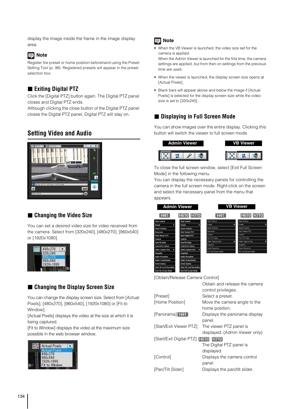 Setting video and audio, Exiting digital ptz, Changing the video size | Changing the display screen size, Displaying in full screen mode | Canon VB-H41 User Manual | Page 134 / 177