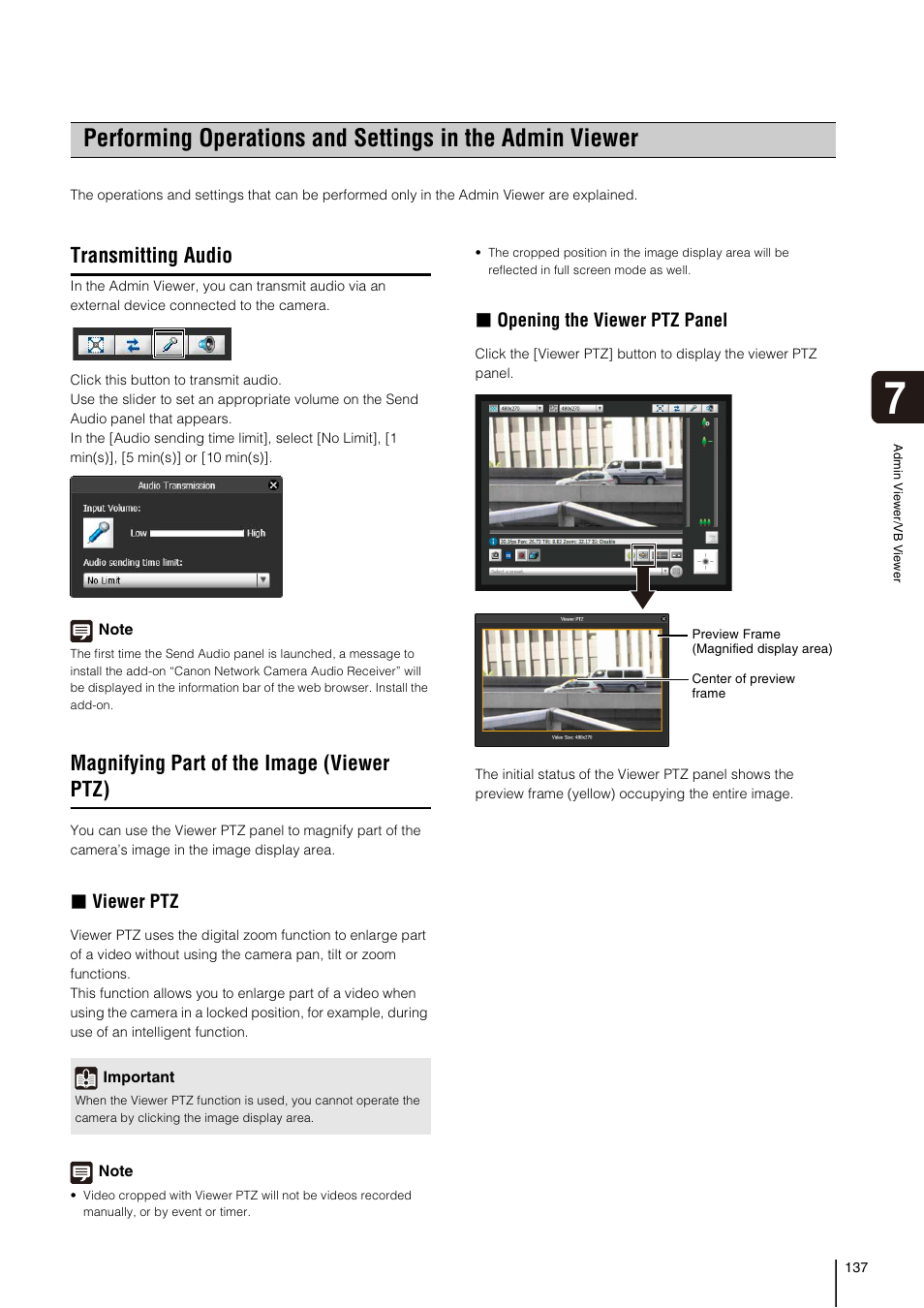 Transmitting audio, Magnifying part of the image (viewer ptz), Viewer ptz | Opening the viewer ptz panel | Canon VB-H41 User Manual | Page 137 / 177