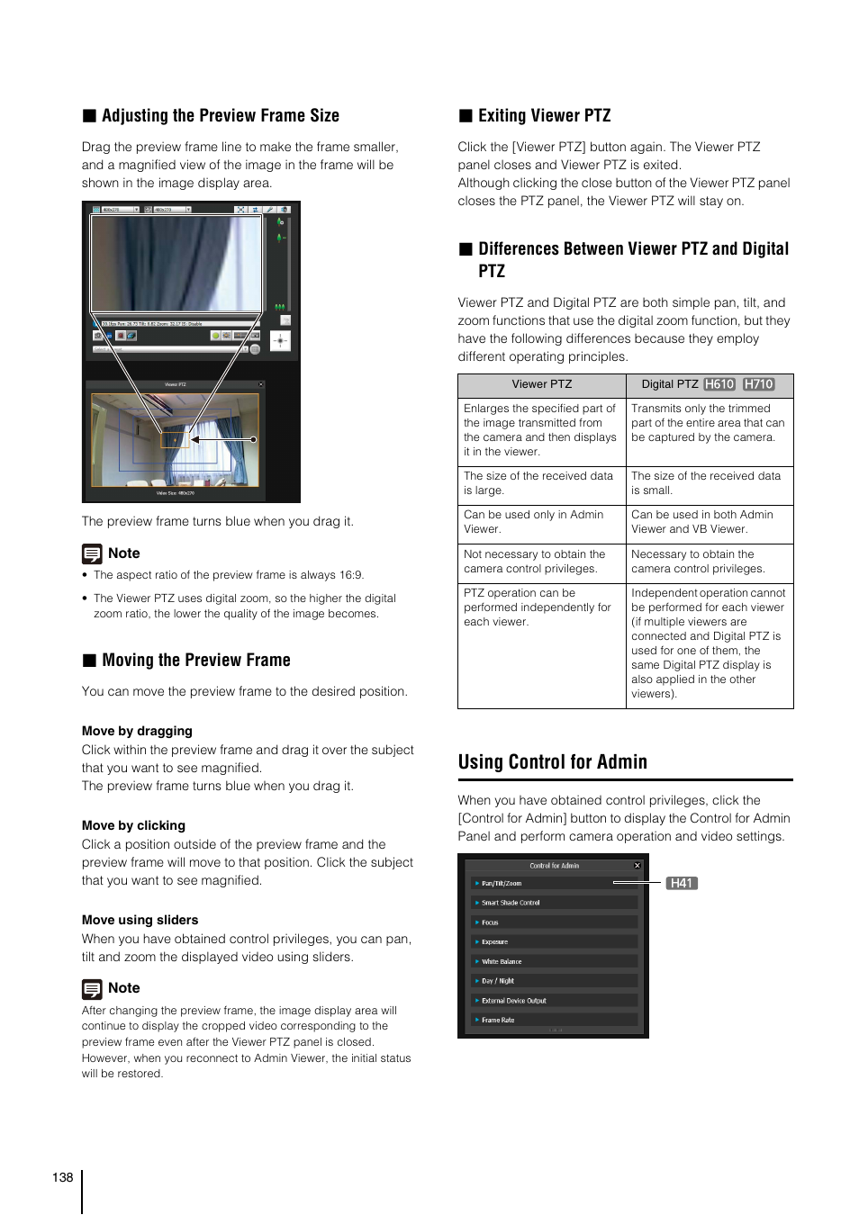 Using control for admin, Adjusting the preview frame size, Moving the preview frame | Exiting viewer ptz, Differences between viewer ptz and digital ptz | Canon VB-H41 User Manual | Page 138 / 177