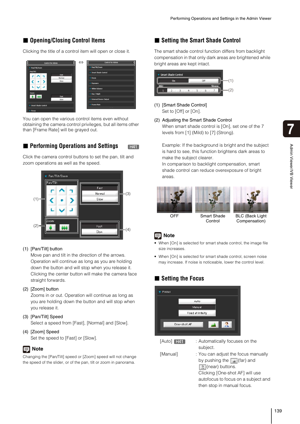 Setting, The smart shade control, P. 139) | Setting the focus, Opening/closing control items, Performing operations and settings, Setting the smart shade control | Canon VB-H41 User Manual | Page 139 / 177