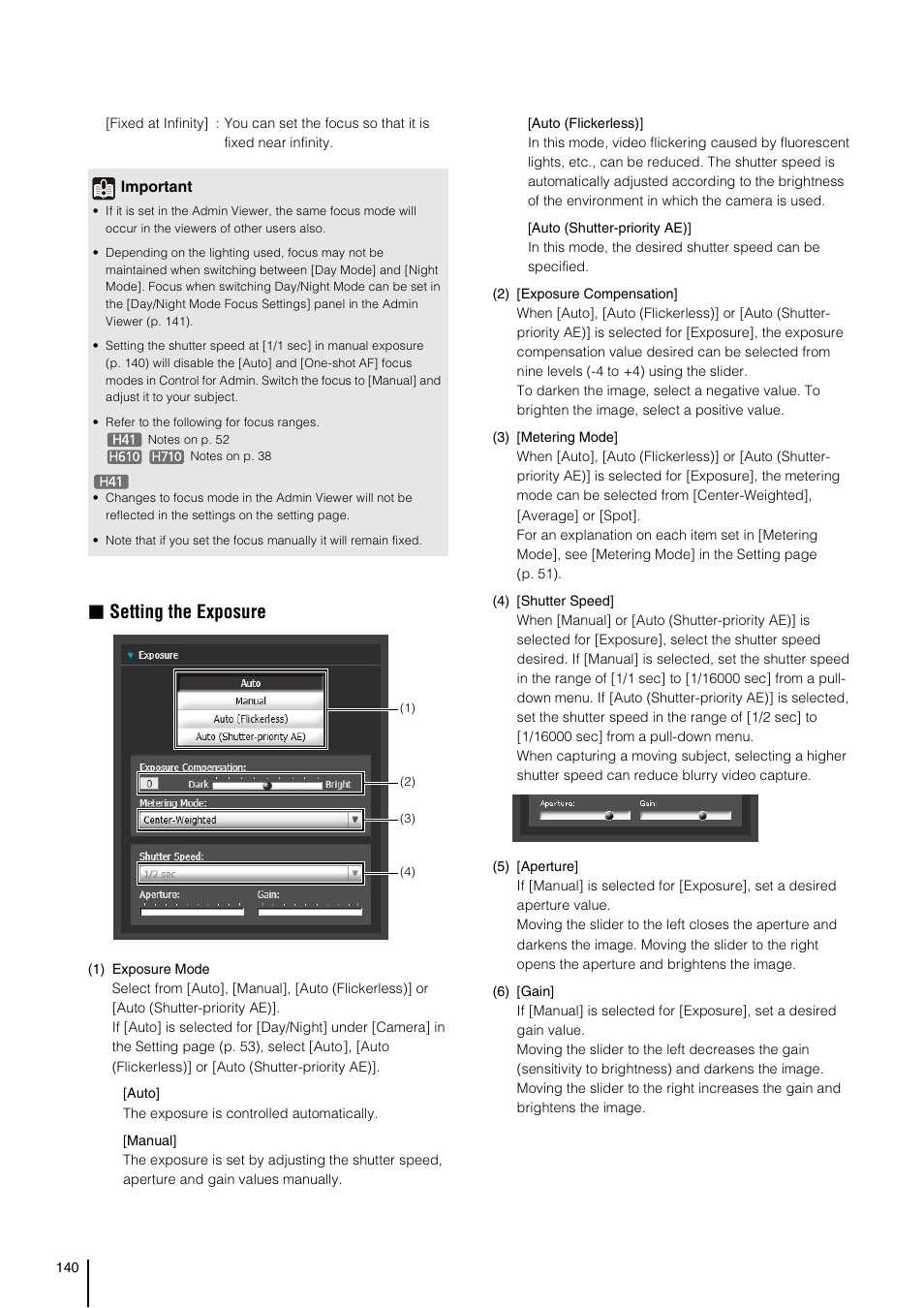 P. 140), Ee “setting the, Exposure” (p. 140) | Setting the exposure | Canon VB-H41 User Manual | Page 140 / 177