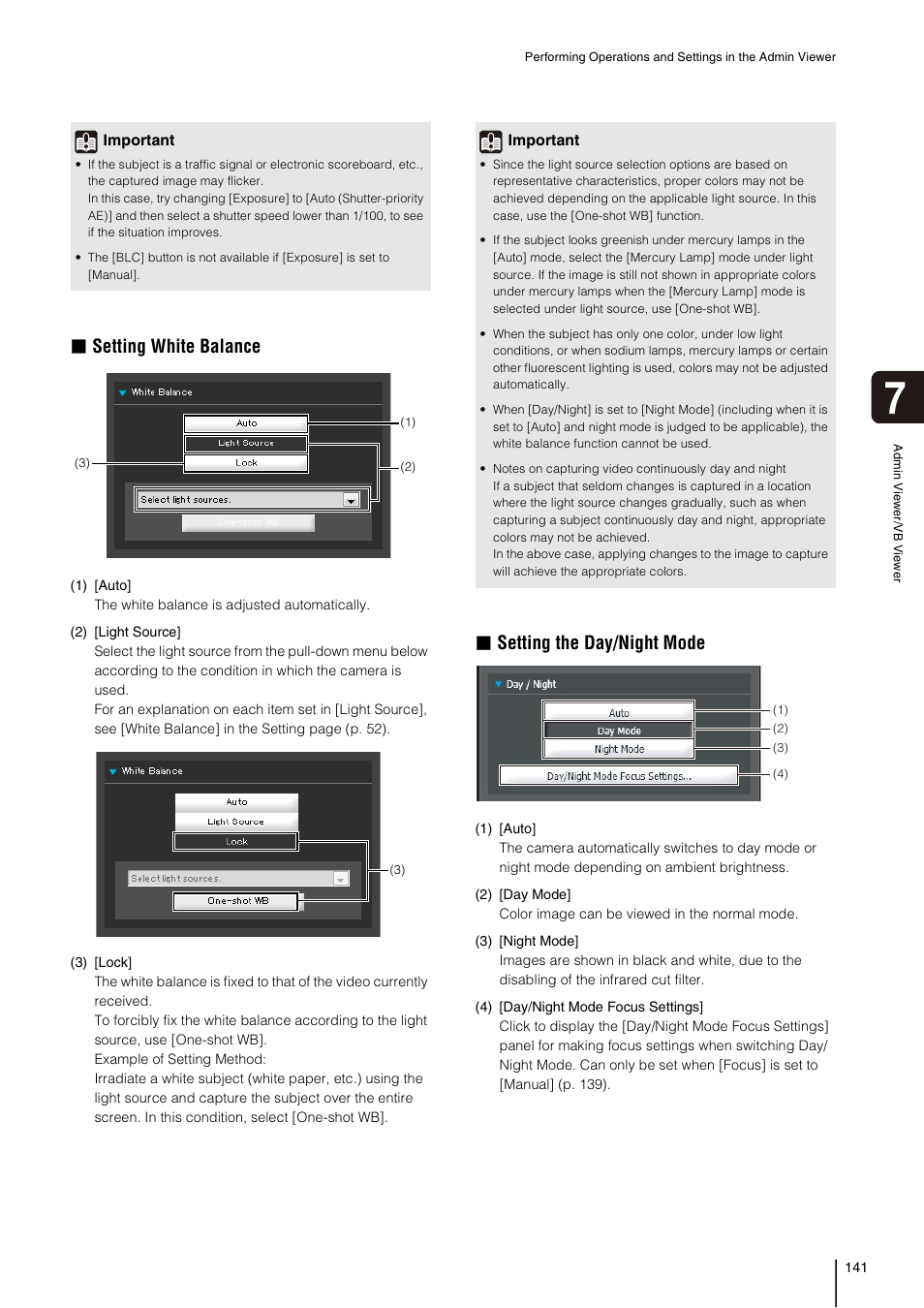 P. 141), Ewer (p. 141), Setting white balance | Setting the day/night mode | Canon VB-H41 User Manual | Page 141 / 177