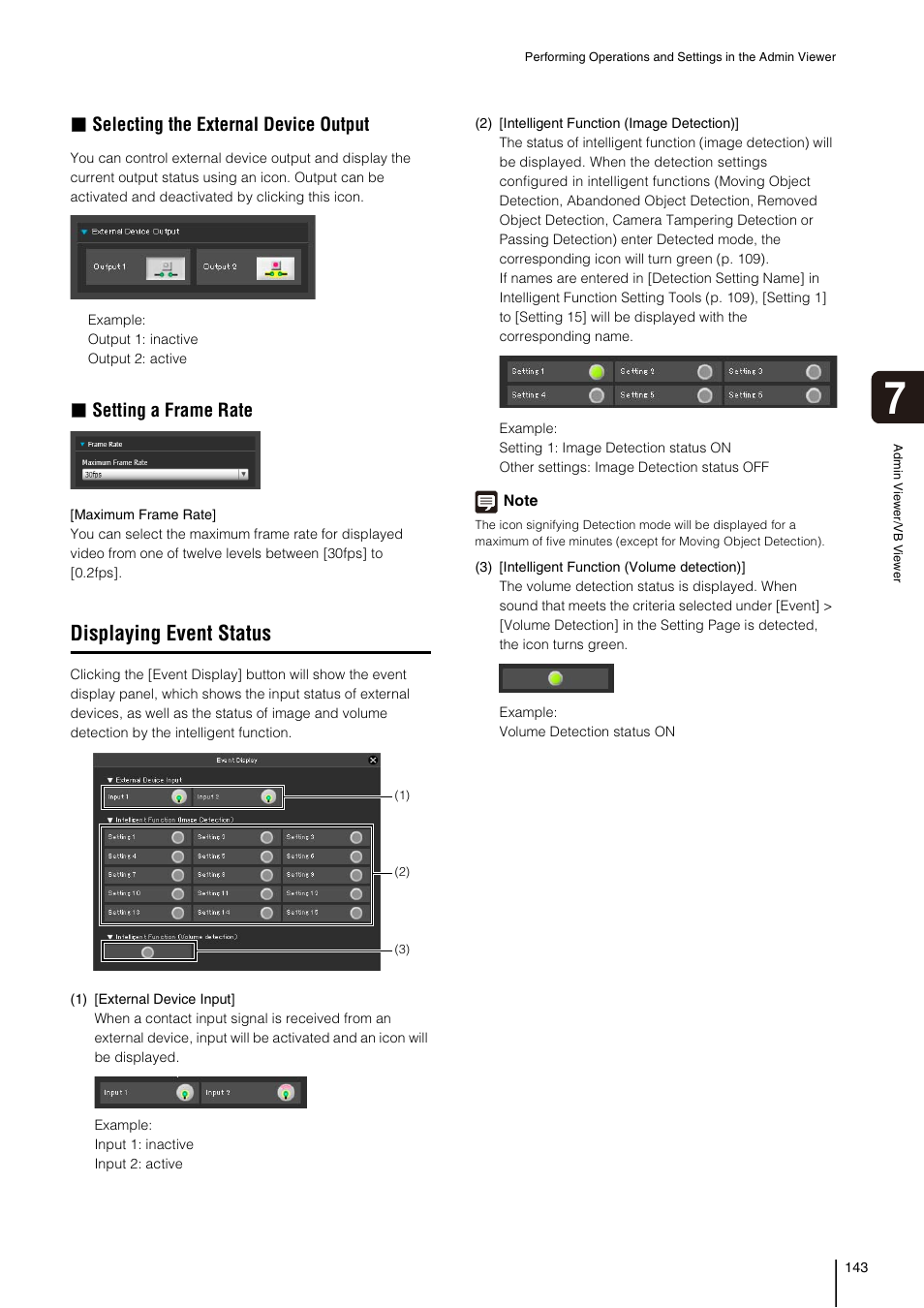 Displaying event status, P. 143), Selecting the external device output | Setting a frame rate | Canon VB-H41 User Manual | Page 143 / 177