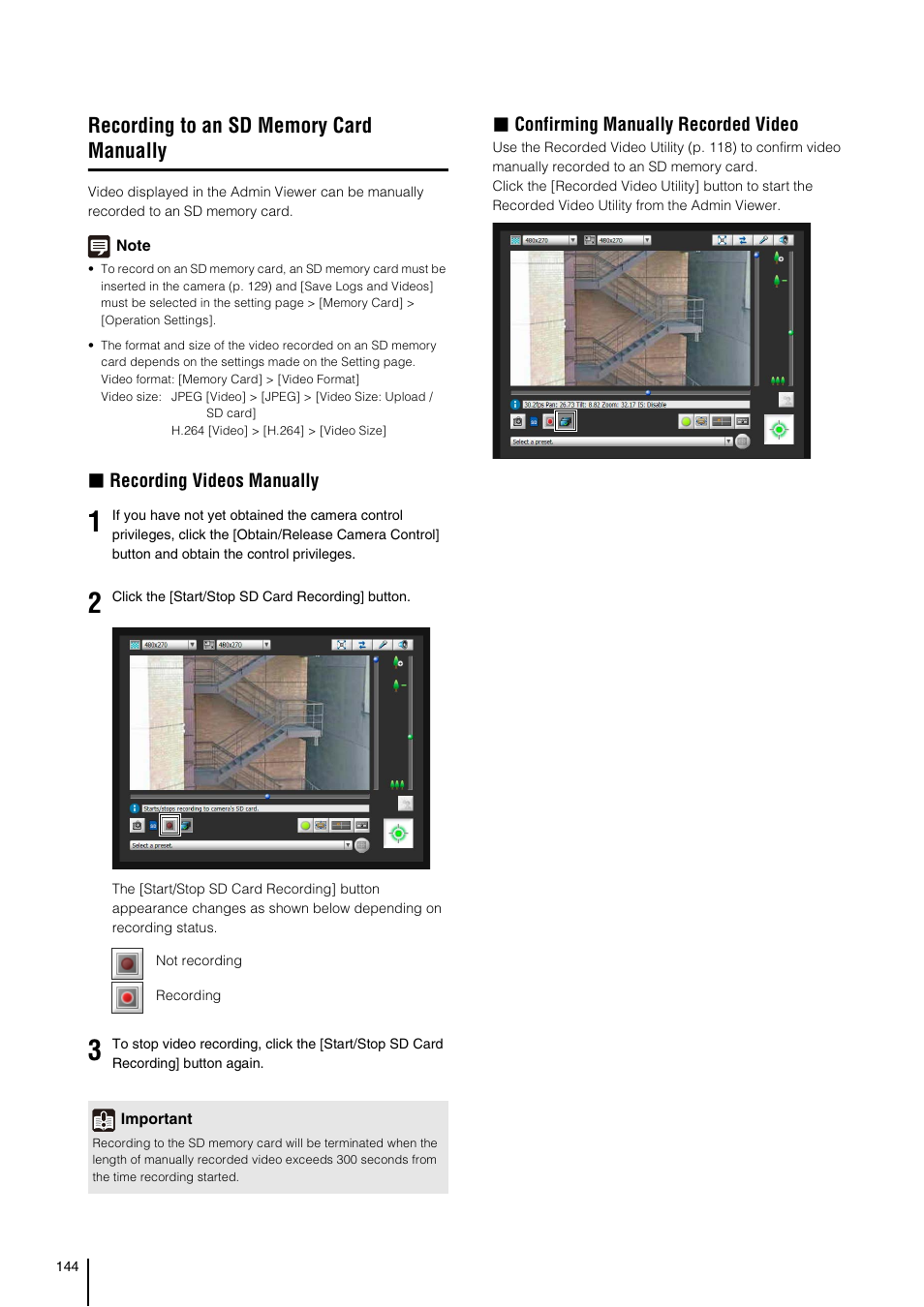 Recording to an sd memory card manually, P. 144), Recording videos manually | Confirming manually recorded video | Canon VB-H41 User Manual | Page 144 / 177