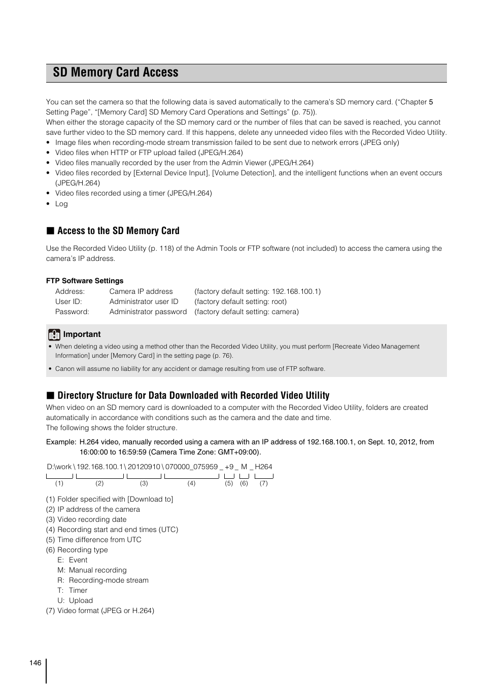 Sd memory card access | Canon VB-H41 User Manual | Page 146 / 177